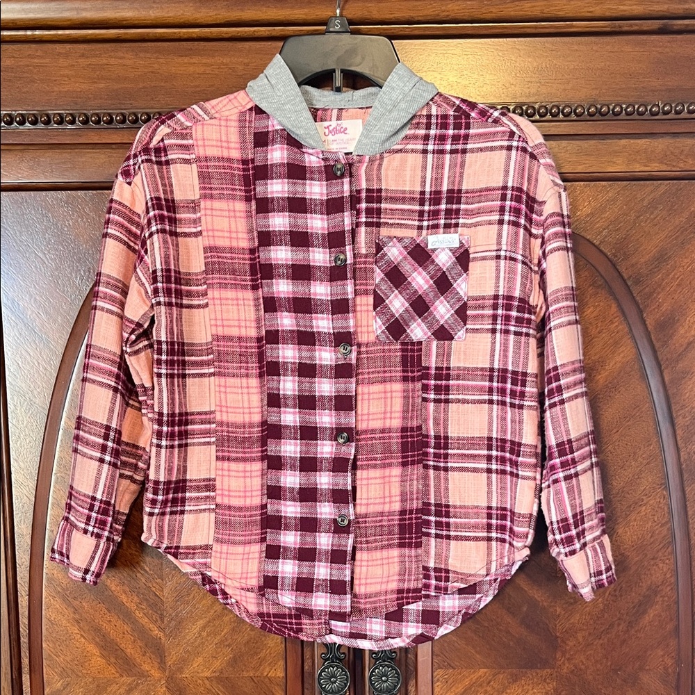 Justice Plaid Button Down Shirt - Pink and Burgundy